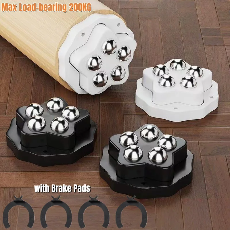 4pcs Self Adhesive Caster with Brakes,360 Degree Swivel Wheel Stainless Steel 5 Beads Universal Pulley for Furniture Storage Box