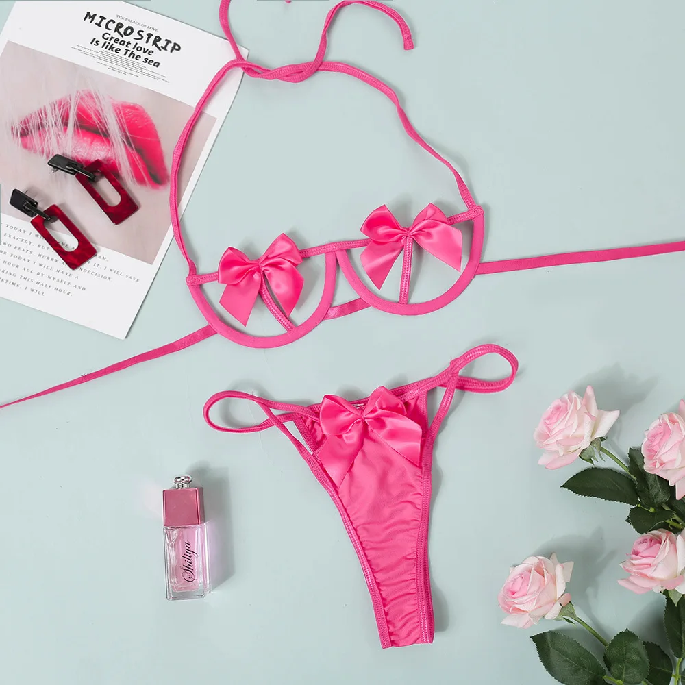 Body Sexy de tirantes para mujer, conjunto de ropa interior con Sujetador de encaje a la moda, ligas huecas transparentes, Tanga con lazo Sexy, conjuntos de lencería