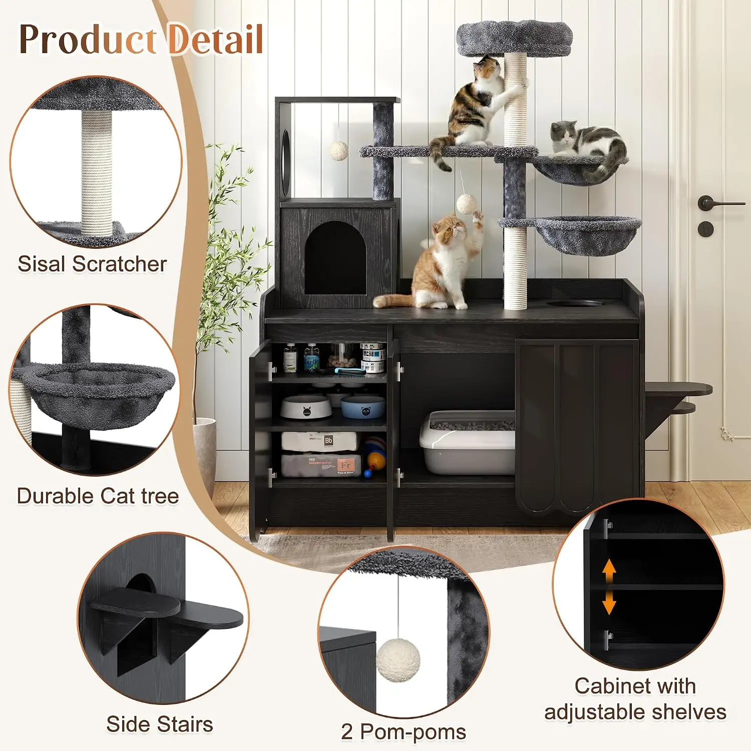 2-in-1 Wooden Cat Condo with Sisal Scratching Post and Litter Box Enclosure, Black - view 5