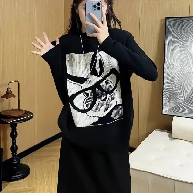 

High Street Lazy Sueter Mujer Black Cartoon Rabbit Print Vest Sweaters Y2k Korean Knitted Sleeveless Women Loose Pullovers
