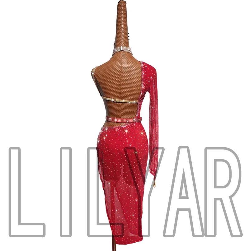 New Latin Dance Competition, Adult Performance  Performance , Rose Red Elastic Mesh waist Dance Skirt