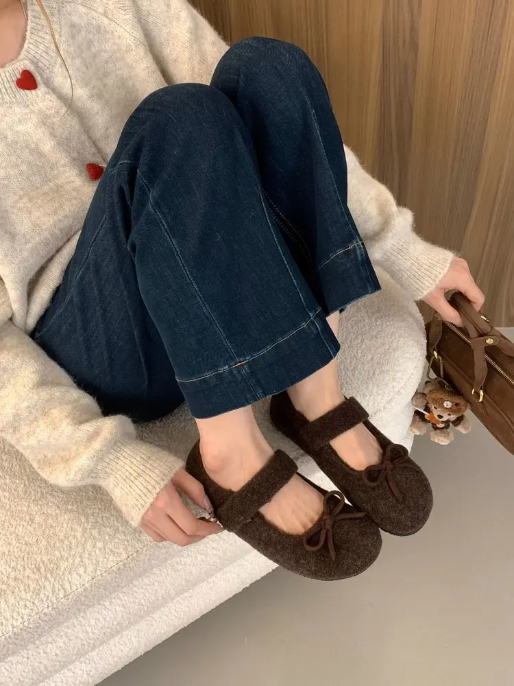 Lambswool Furry Spring and Fall Shoes Women Solid Color Loafers Round Toe Moccasins Cross Elastic Band Flats Curly Fur Shoes New