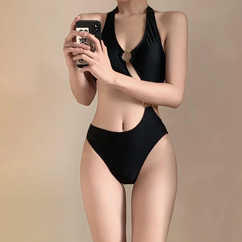 Black Goddess Sexy High Waist One Piece Women\'s 2023 Summer Casual Vacation Casual Hollow Out Backless With Chest Pad Swimwear