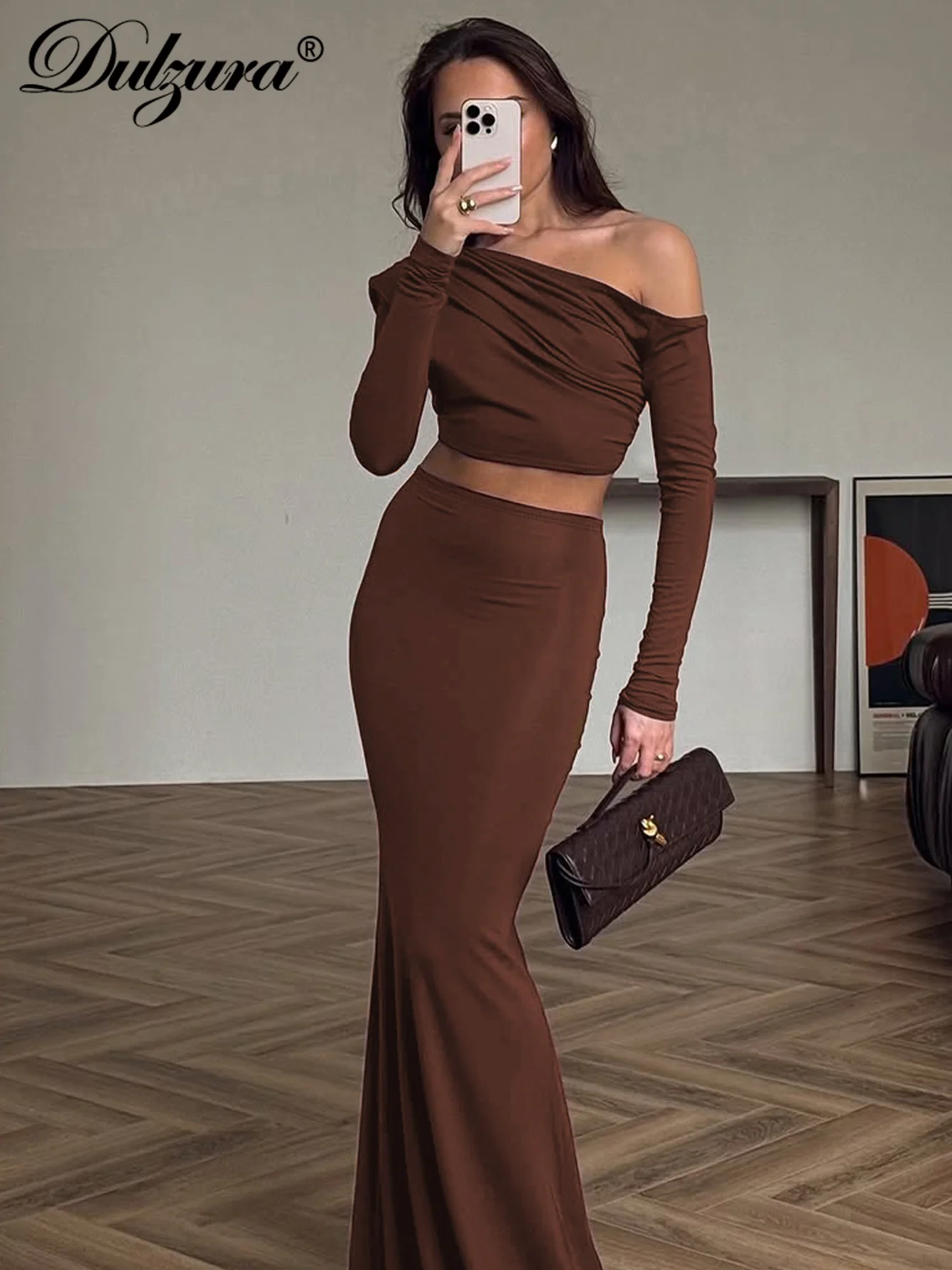 Dulzura – ensemble jupe 2 pièces pour femmes, couleur unie, Sexy, élégant, épaules inclinées, manches longues, haut froncé, jupe longue, ensemble assorti, Club de fête