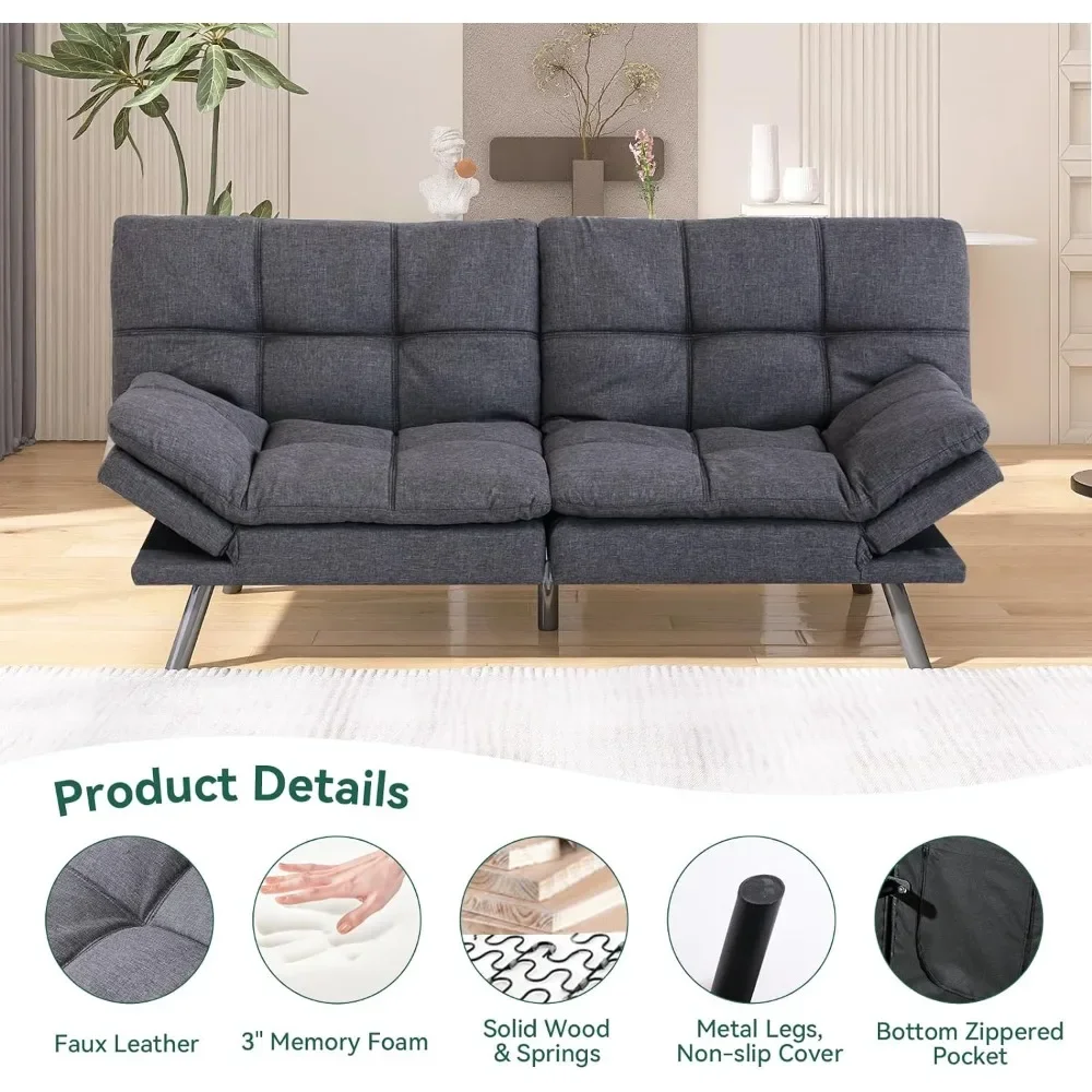 memory foam futon sofa, polyester modern sofa living room, office, apartment, gray