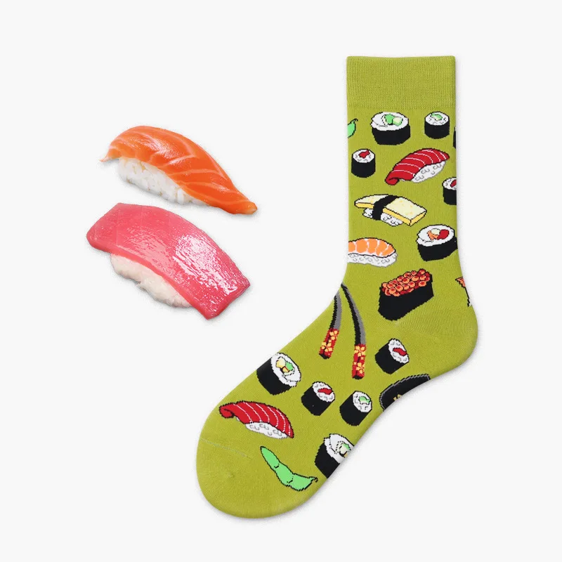 Harajuku Novety Avocado Fried Egg Burger Sushi Apple Cotton Crew Men Socks Style Kawaii Funny Patterned Gift Crazy Color Black