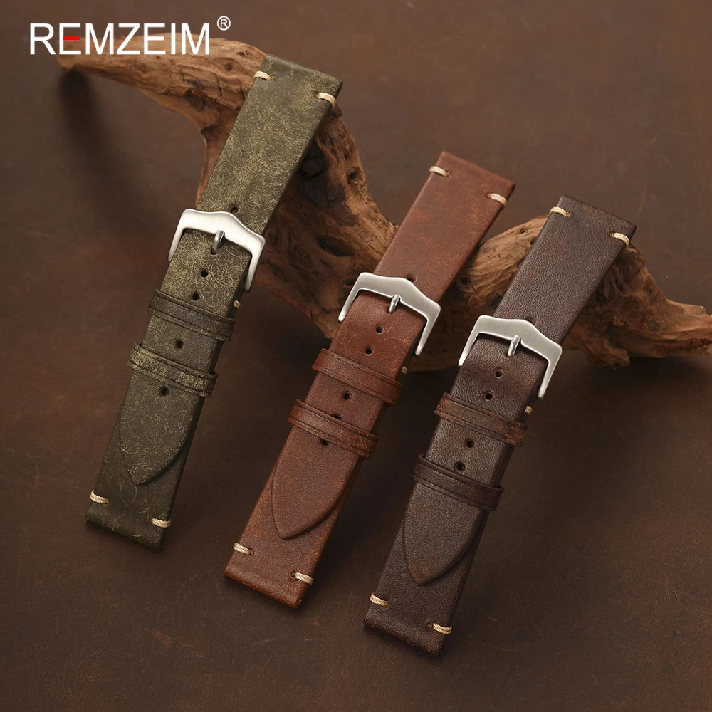 Herren Vintage Echtleder-Uhrenarmband 20mm 22mm Klassisches Ersatz-Armband für Business-Armbanduhren