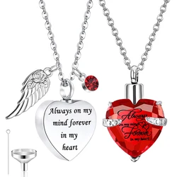 2Pcs  Cremation Jewelry Angel Wing Heart Urn Pendant Necklaces for Women Crystal Birthstone Urns for Human Ashes Memorial Locket