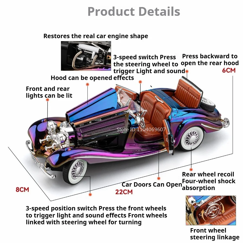 1:24 Benz 500K Models Cars Alloy Diecast Toys Wheel Pull Back Miniature Vehicle with Light Music Car Model for Kids' Edutainment