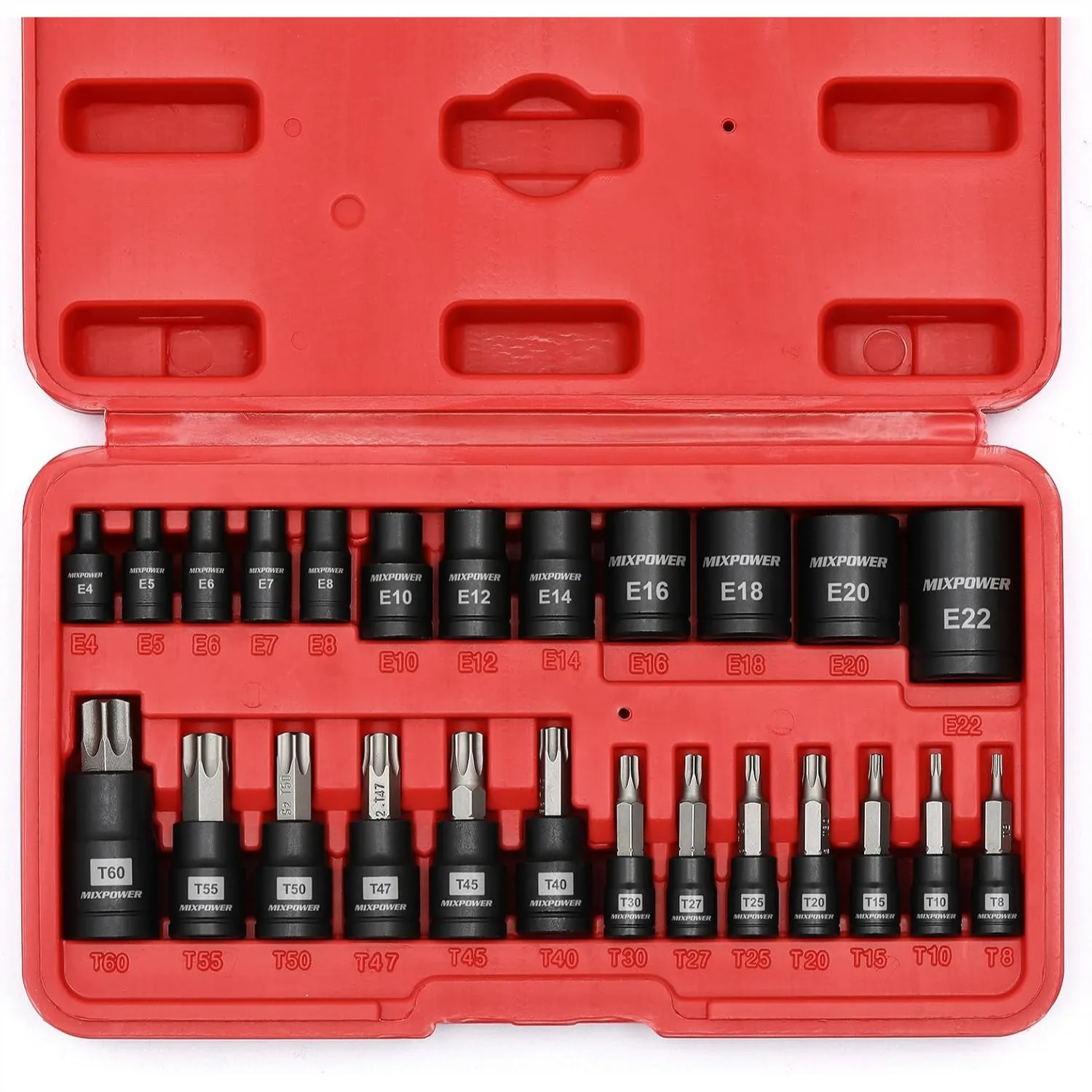 

Torx Bit and Socket Set with 25 Pieces, T8-T60 Star Bits & E4-E22 E-Torx Sockets for Auto and Motorcycle Mechanics