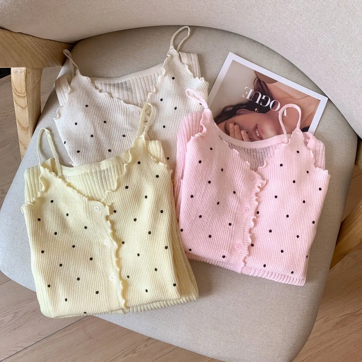 

Spring Korean Style Sweet Polka Dot Camisole Women's Long Sleeve Knit Cardigan Two Piece Set Top Outfit Cardigan