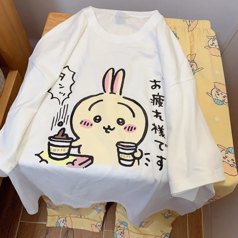 Chi Kawaii Pajama Set 2024 Women Summer Casual Cartoon O-Neck Short Sleeved Long Pants Loose Cartoon Unisex Home Clothes Set