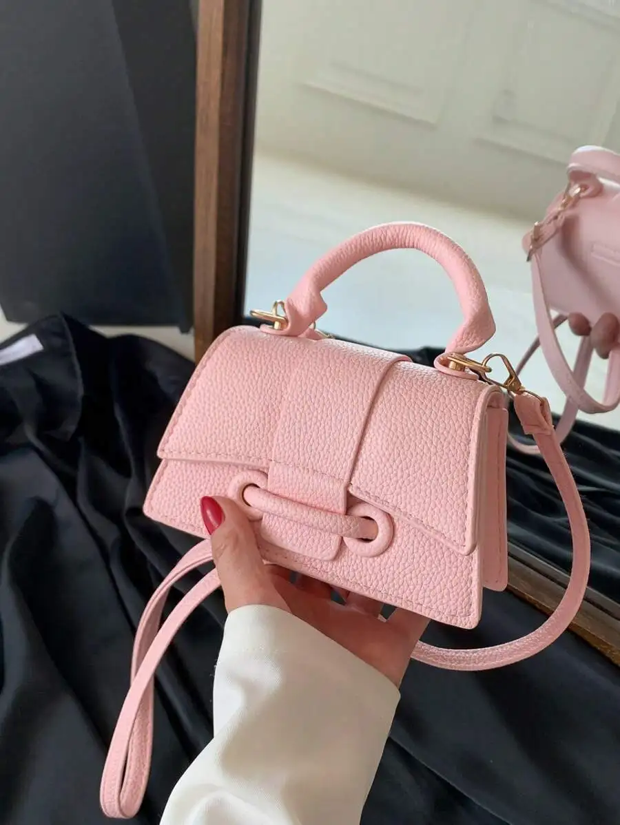 

Pink Mini Square Top-Handle Handbag with Textured Faux Leather