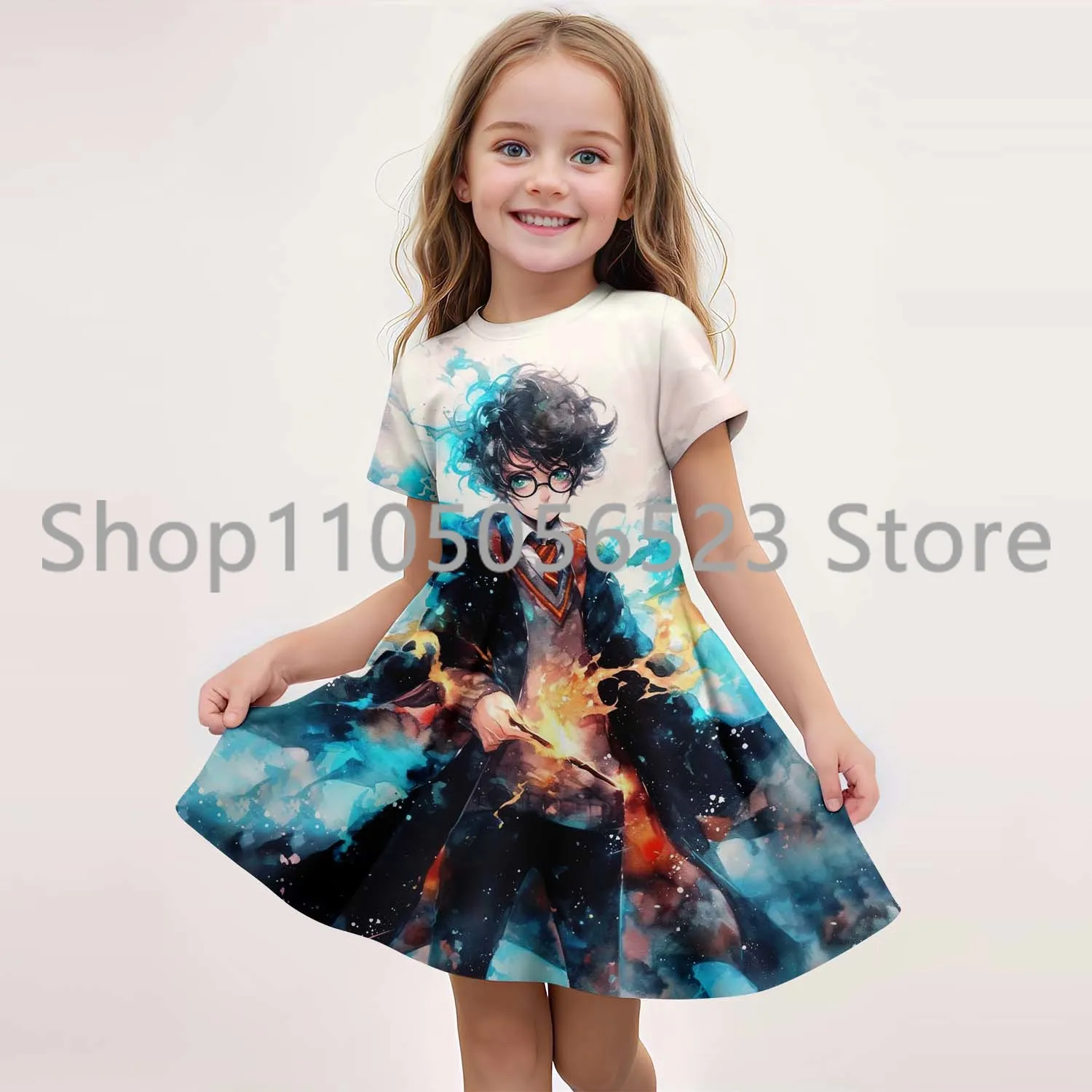 

MINISO New Summer Girls Dress Fashion Cartoon Cute Harry Potter 3D Printing Dress Kid Short Sleeve Princess Clothing