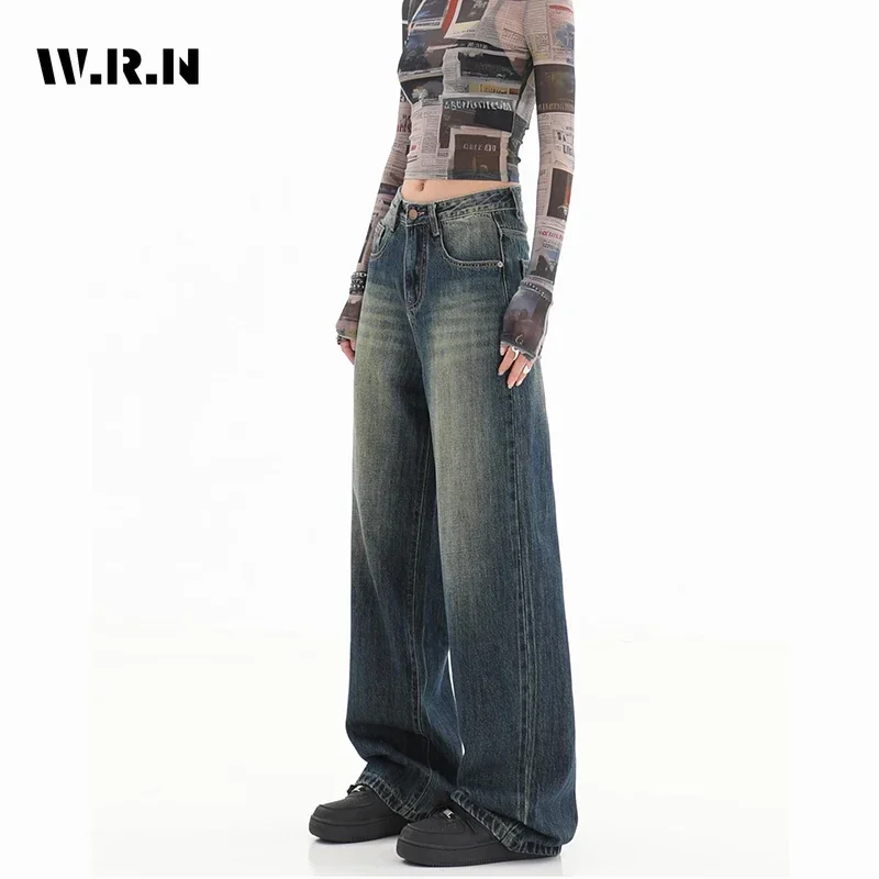 

American Retro High Waist Grunge Jean Street Pockets Hip-hop Baggy Pants Women's Emo Casual Y2K Washed Straight Denim Trouser