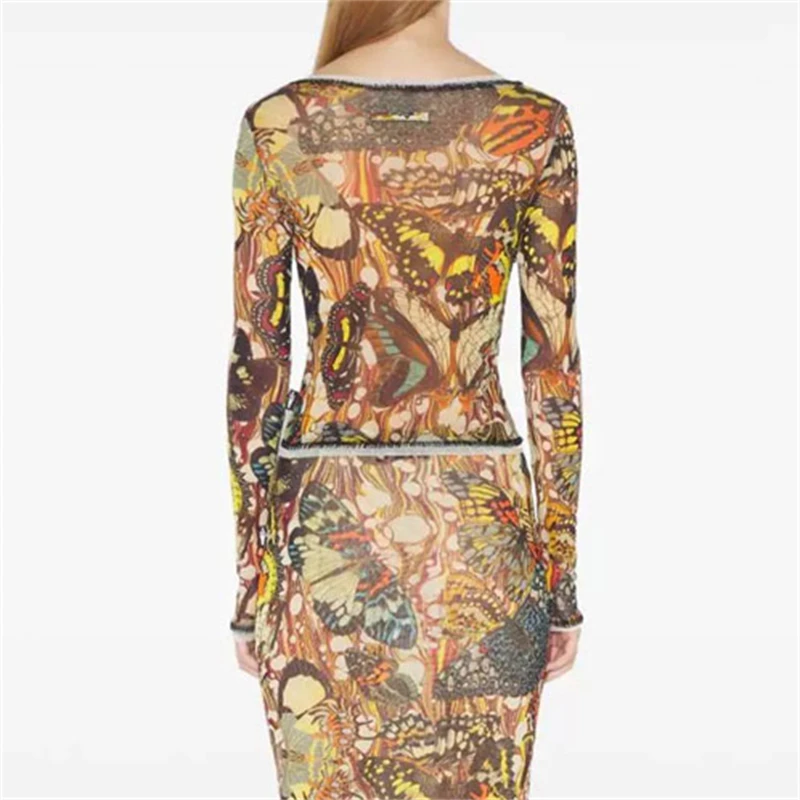Autumn New Arrival Vintage round Neck Butterfly Print Mesh Long Sleeve T-Shirt High Quality Fashion Slim Fit See-through Top