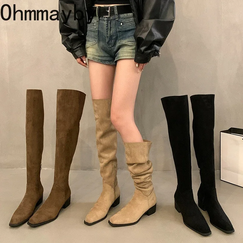 Stivali alti sopra il ginocchio da donna elasticizzati con tacco quadrato firmati Autunno Inverno Ladies Concise Long Botas De Mujer