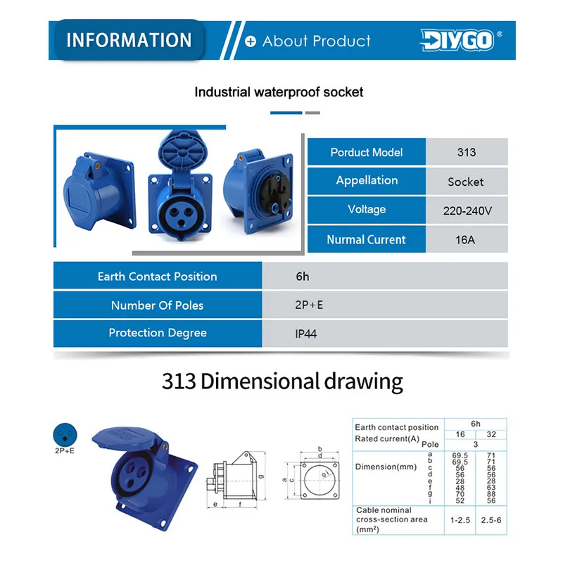 DIY GO 16A 3Pin 220-240V IP44 Waterproof Plug & Sockets Electric Cable Connector For Electrical Power Industrial Male and Female