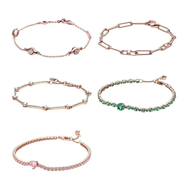 Silver 925 Original Rose Gold Wrist Strand Bracelets For Women Jewelry Zircon Love Pod Link Chain Bar Round Heart Crystal Tennis