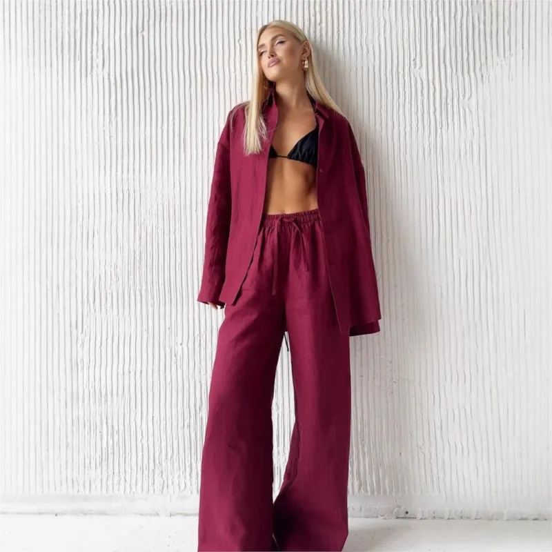 

Модная однобортная хлопковая рубашка с лацканами и длинными рукавами + рубашка с галстуком, широкие брюки на весну и осень, женский повседневный универсальный комплект