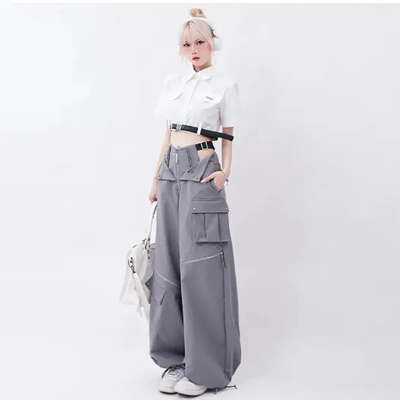 Multi Pocket Cool Girl Hollow Out Y2K Grey Cargo Pants Women American Style Zipper Two Wears Design Women\'s Versatile Trousers