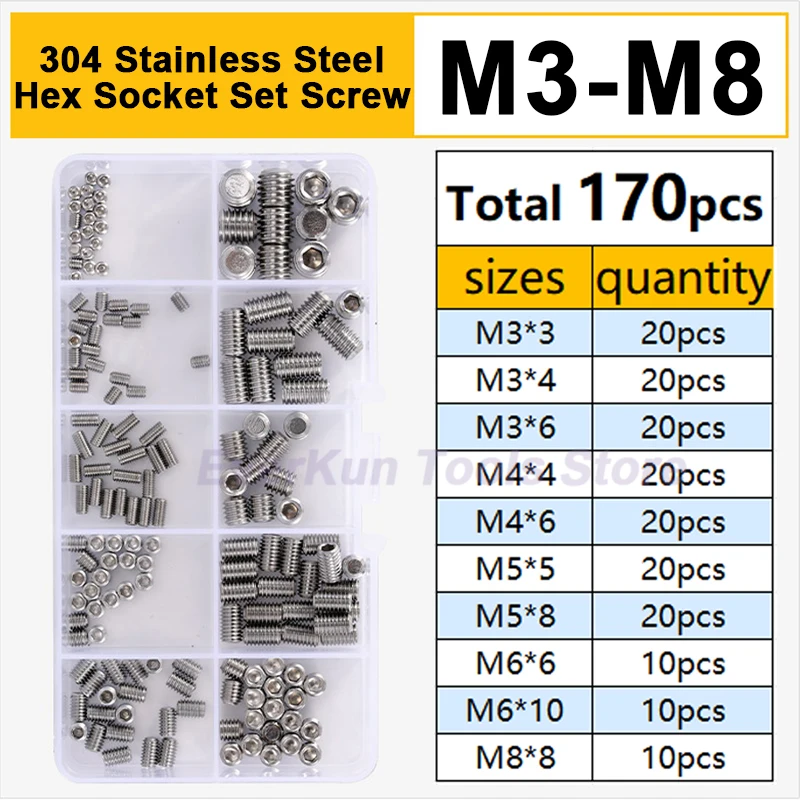 

170Pcs/set M3 M4 M5 M6 M8 304 Stainless Steel Hex Hexagon Socket Allen Flat Point Grub Bolts Set Screw Assortment Kit Box DIN916