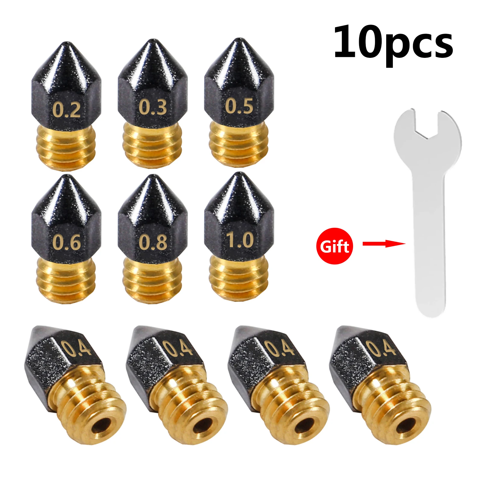 Mk8 ptfe revestido bocal para impressora 3d, 0.2/0.3/0.4/0.5/0.6/0.8/1.0mm, rosca m6 para cr10 cr10s ender 3 pro/3 v2, 1.75mm, 10pcs