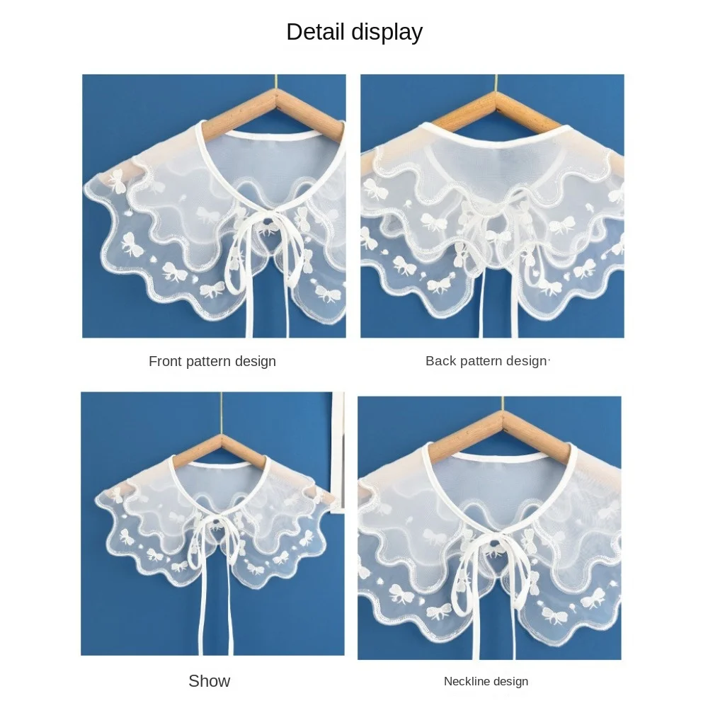 Fashion Organza Embroidery Women's Lace Collar White Lace Up Shawl Detachable Shirt Bow Fake Collar Dress Blouse Decor