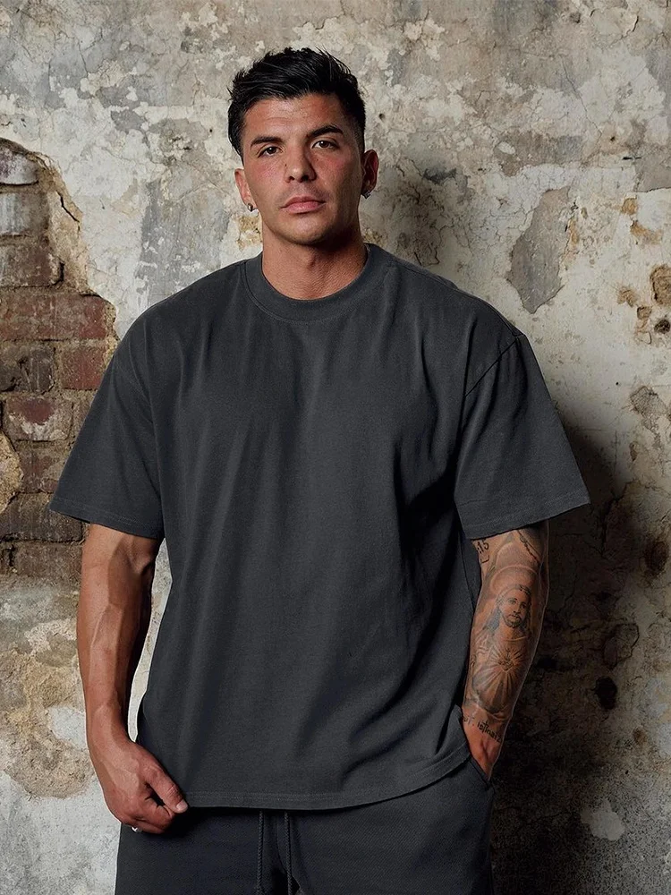 

American Style Heavyweight Color Short Sleeve Loose Fit Pure Cotton Gymwear round Neck Half Sleeve Sports Casual Simple...