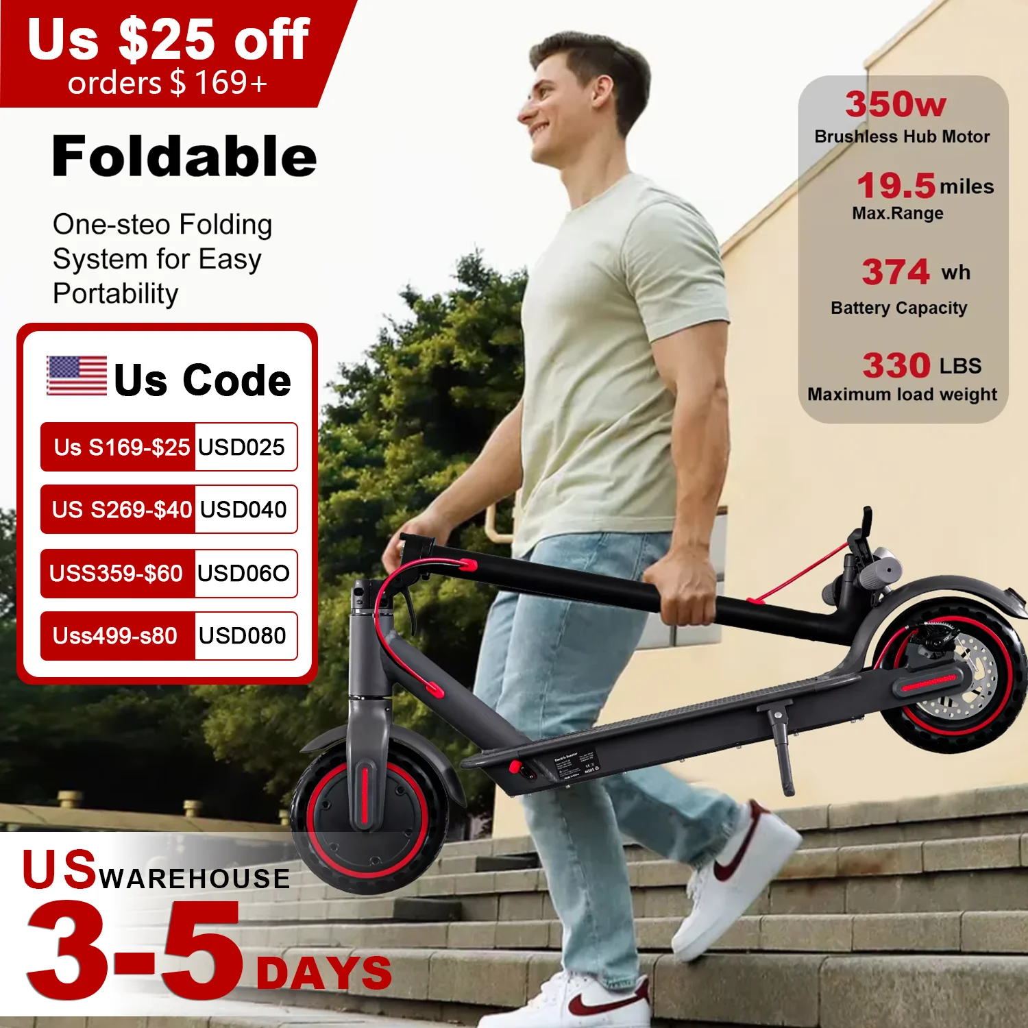 350W 10.4Ah 15.6MPH Folding Adults Electric Scooter  Foldable Long Range Solid Tyre Lightweight Smart App Folding Kick  US Stock