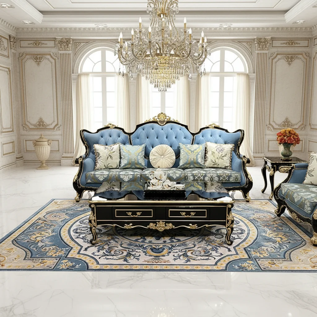 gj-French Style European Style Solid Wood Sofa Set with Flannel Cover Custom-made Blue Living Room Sofa Furniture#
