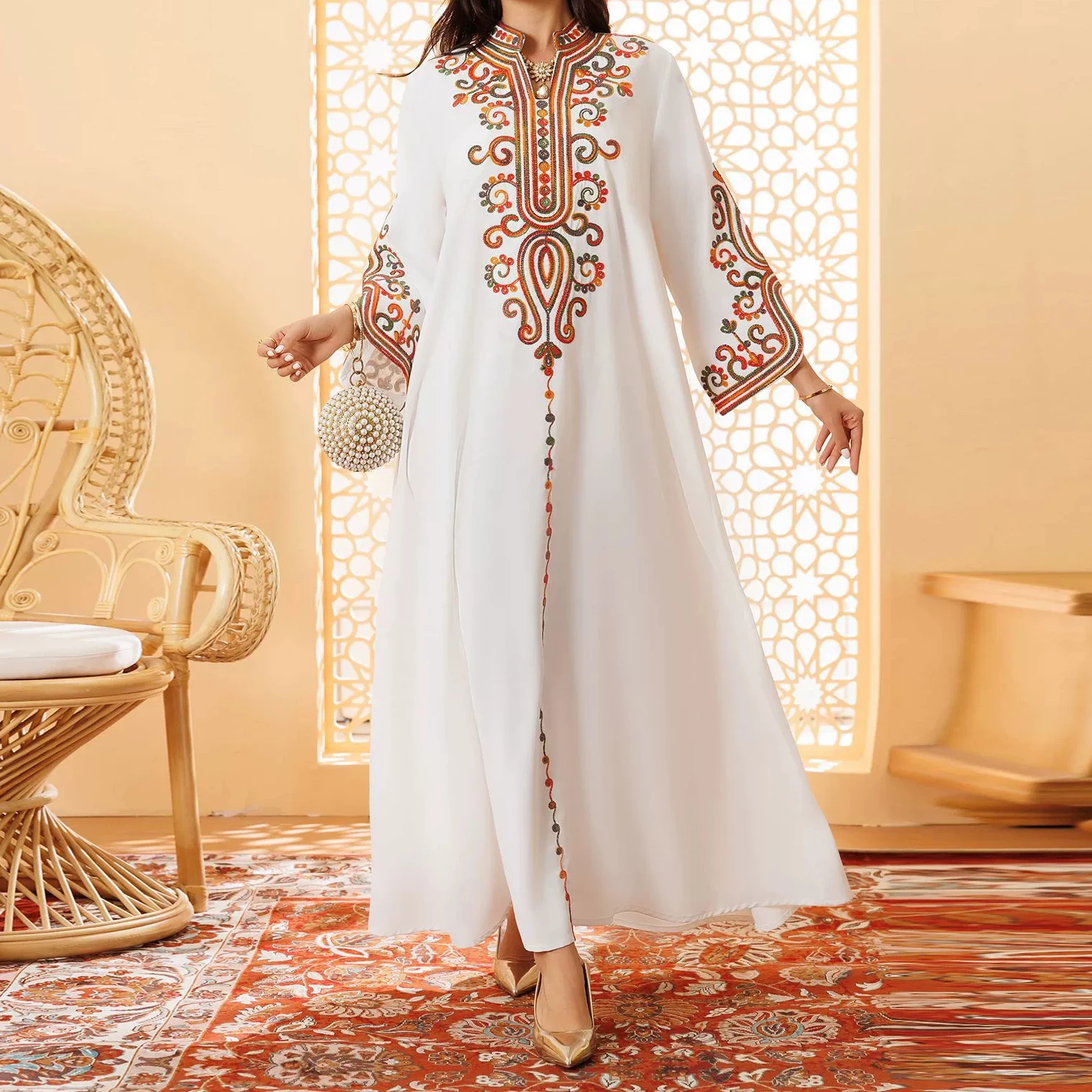 

2025 Muslim fashion women's clothing embroidery rope embroidery Middle East foreign trade robe Arabic dress-GZXX522