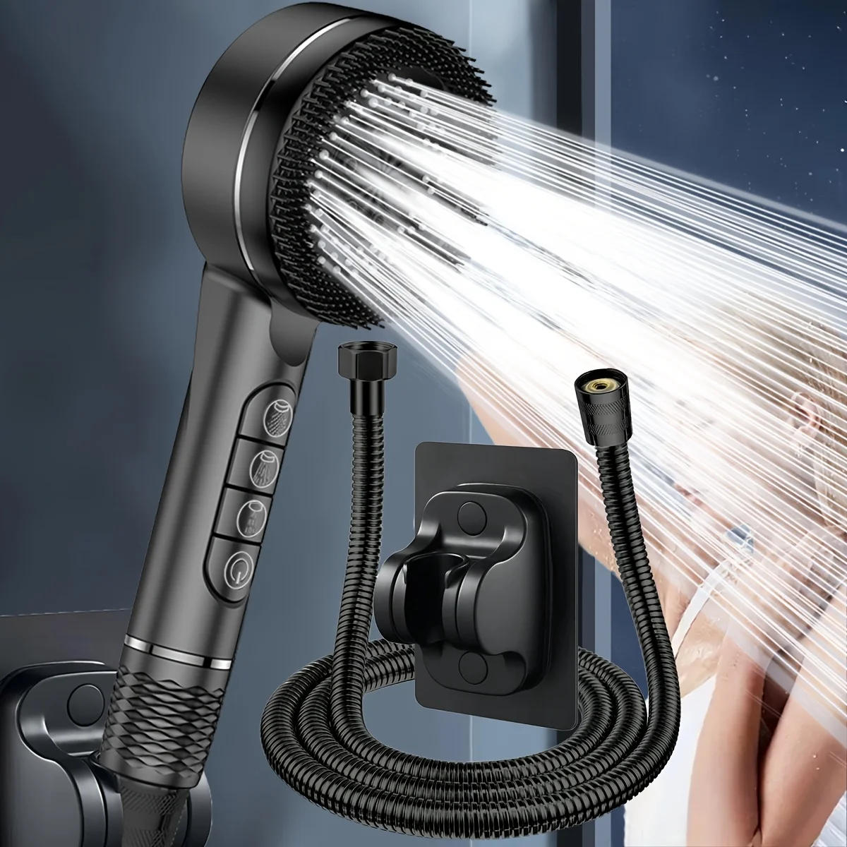 

Prague piano button booster showerhead+stainless steel explosion-proof encrypted tube black+showerhead bracket