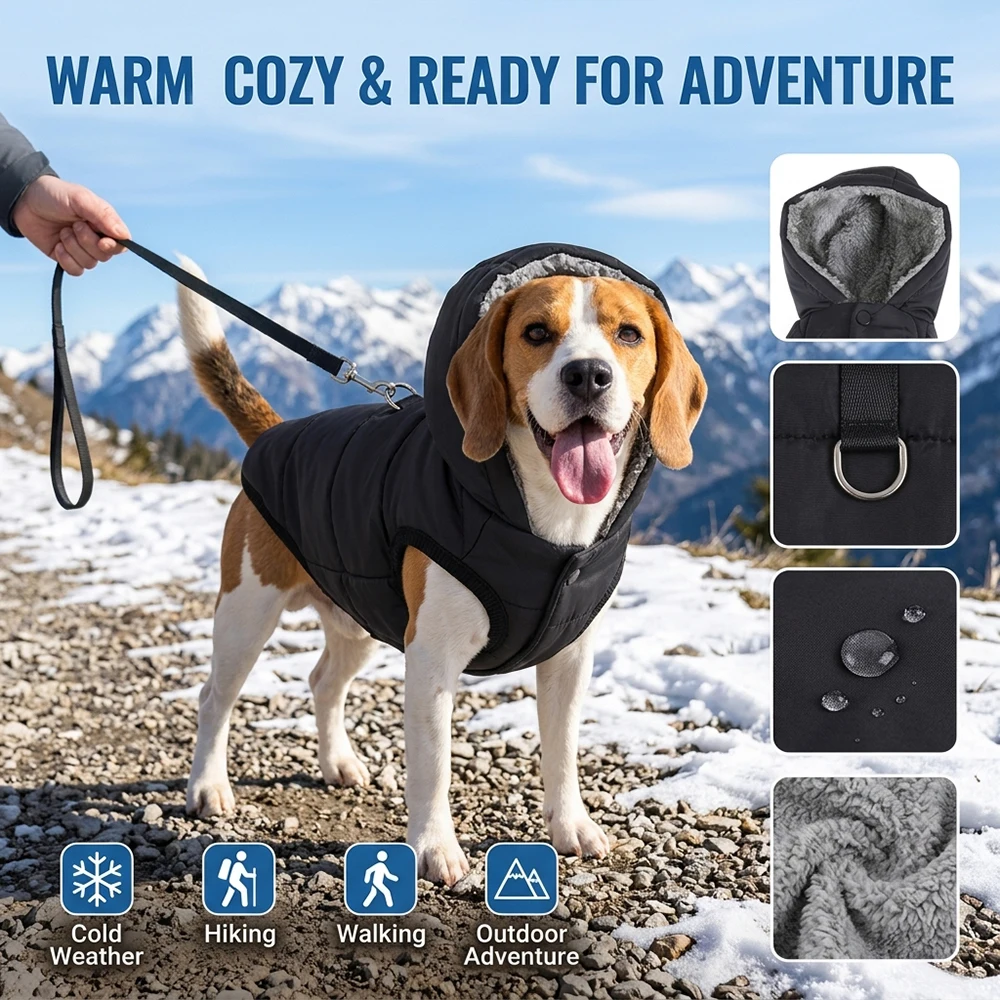 Winter-Kapuzenmantel für Hunde und Katzen, Dickes Fleece, Winddichte Welpenjacke mit D-Ring, Einfarbiges Outfit für Chihuahua und Schnauzer – Detail 14