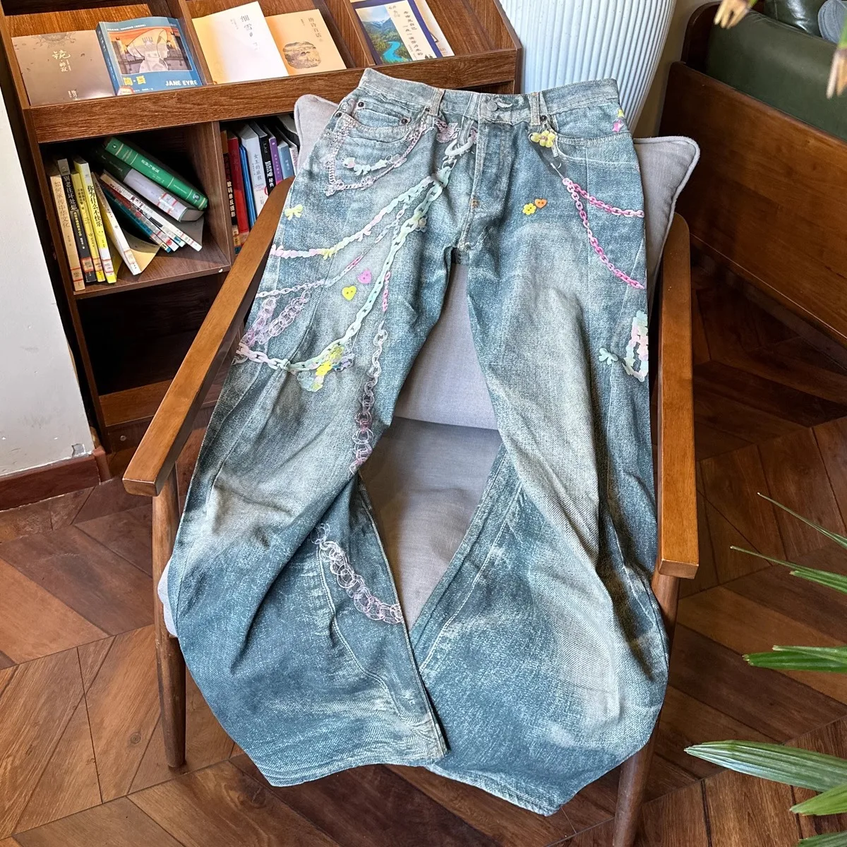 American Retro 3D Dopamine Candy Chain Print Men Women Curved Jeans High Waist Loose Straight Washed Denim Long Pants