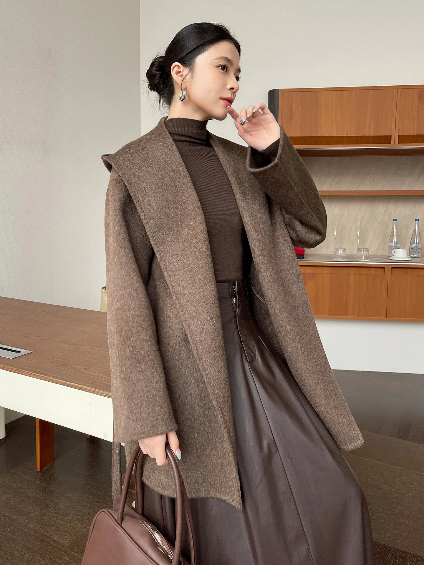 Brushed 100% Wool Coat Women Hooded Belted Wrap Coat Long-Pile Double-Faced Texture Unlined Relaxed Fit Short Coats Fall Winter