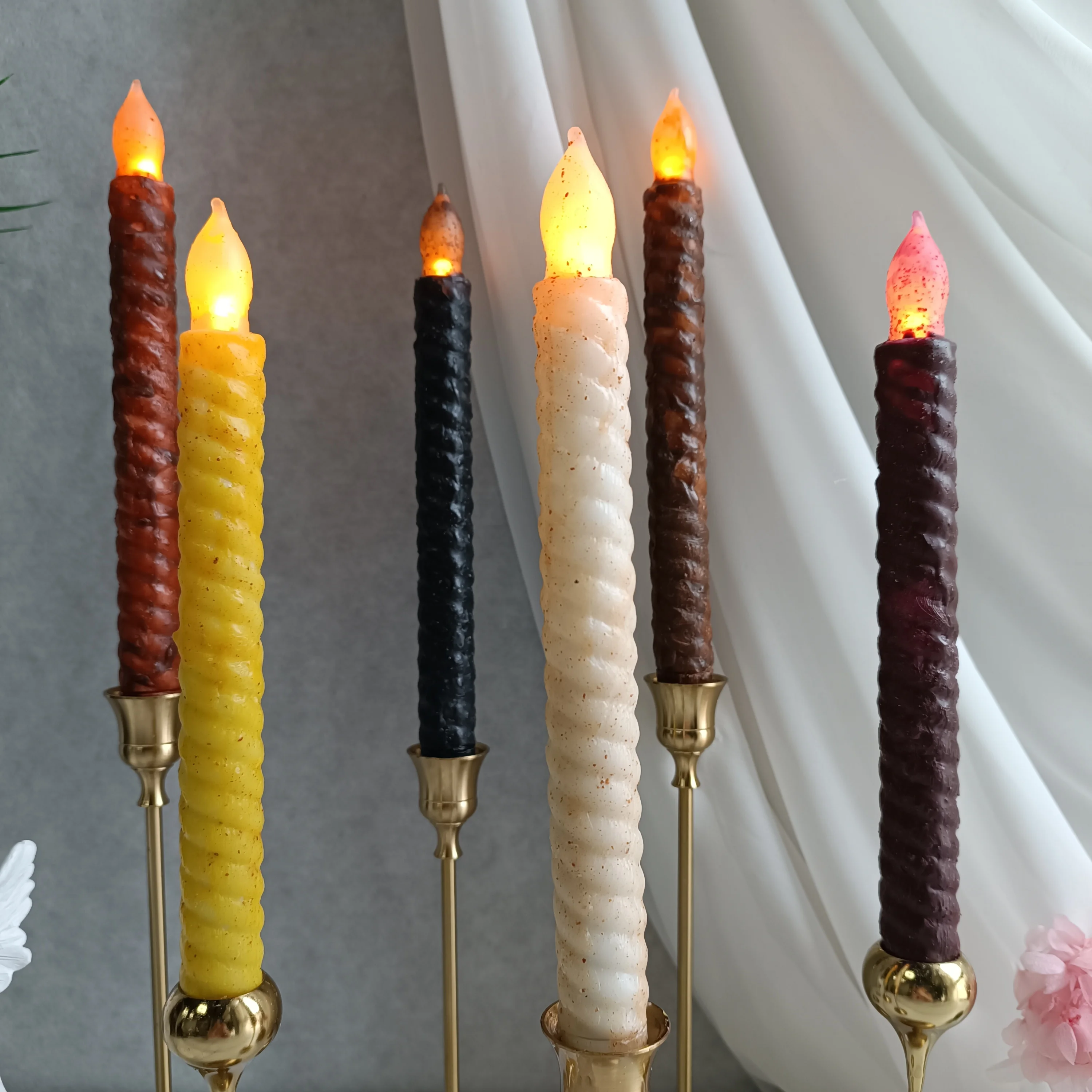 9.8 Inch Vintage Spiral Coated Wax LED Candle Home Decor Smokeless No Wax Dripping Candle Battery Powered Handmade Candle