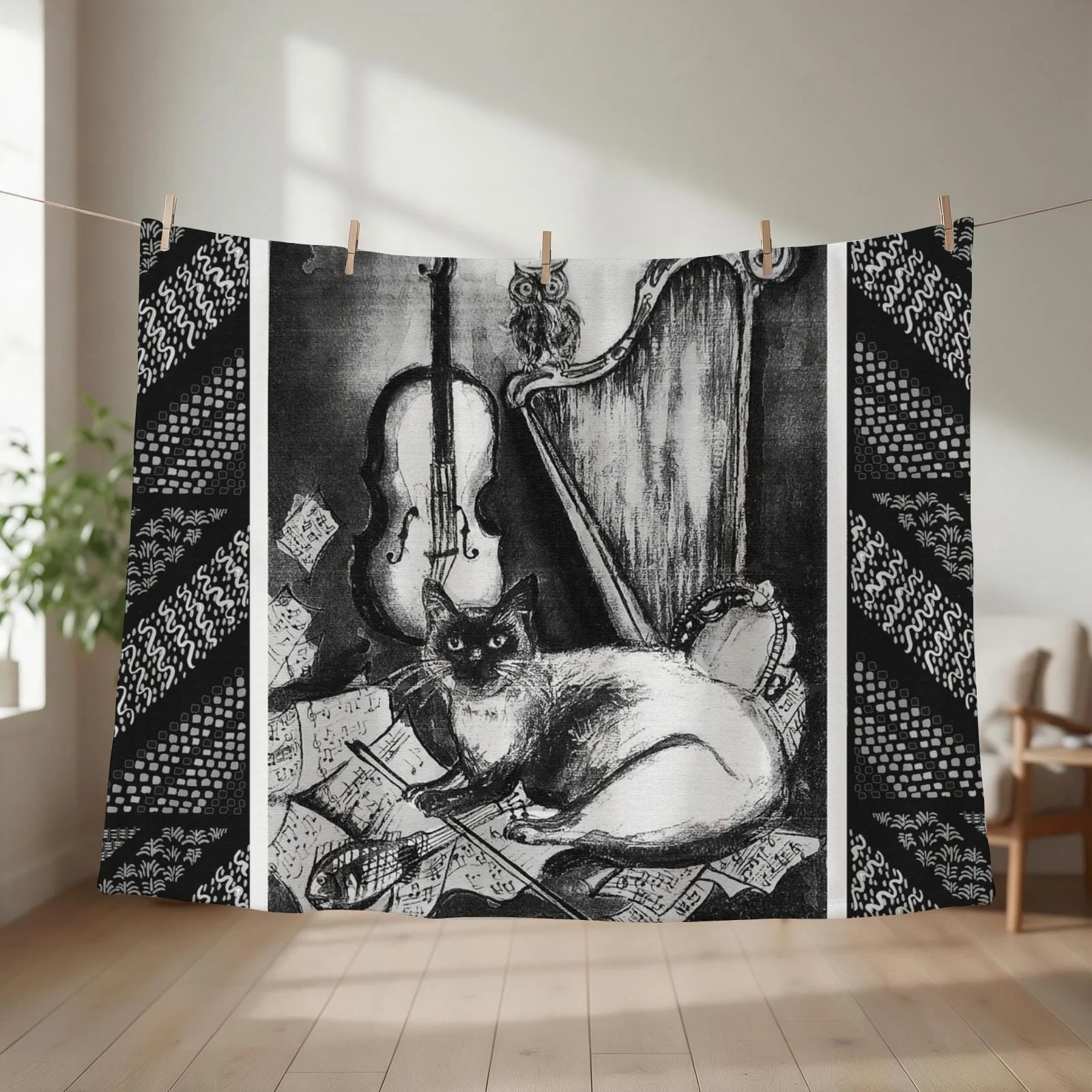 MUSICAL CAT AND OWL WITH MUSIC INSTRUMENTS Black and White Throw Blanket couch cozy soft plush fuzzy picnic outdoor blanket