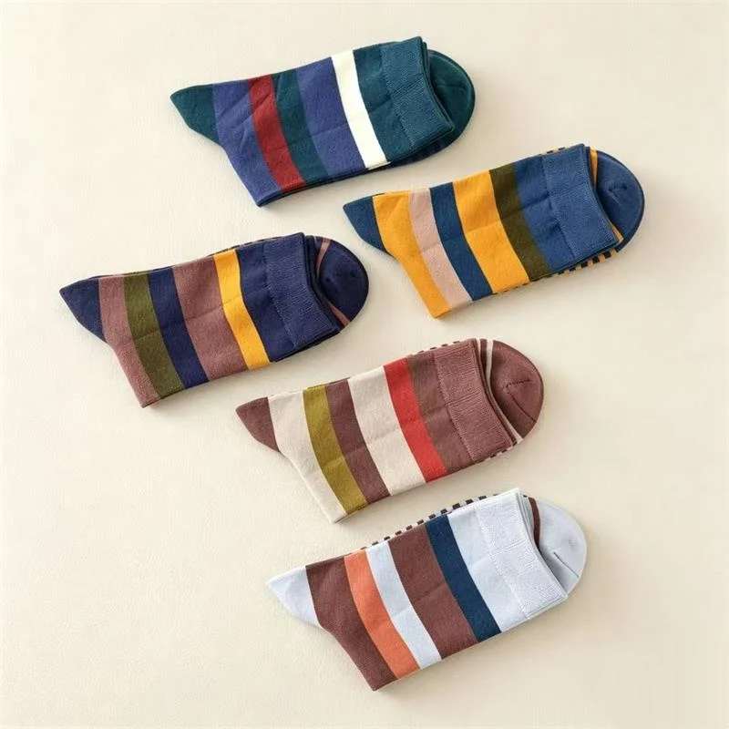 5Pairs/Lot Men's Socks Combed Cotton Outdoor Party Compression Long Socks Fashion Colorful Square Stripe Happy Casual Socks Men