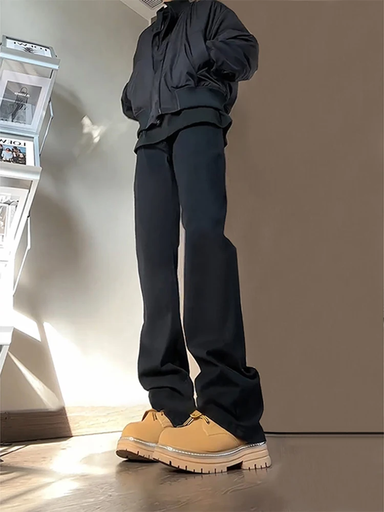 

Black Elastic Fleece Lined Jeans Men's Spring Autumn Cleanfit Slimming Long Leg Micro Flared Pants High Waist Long Trousers