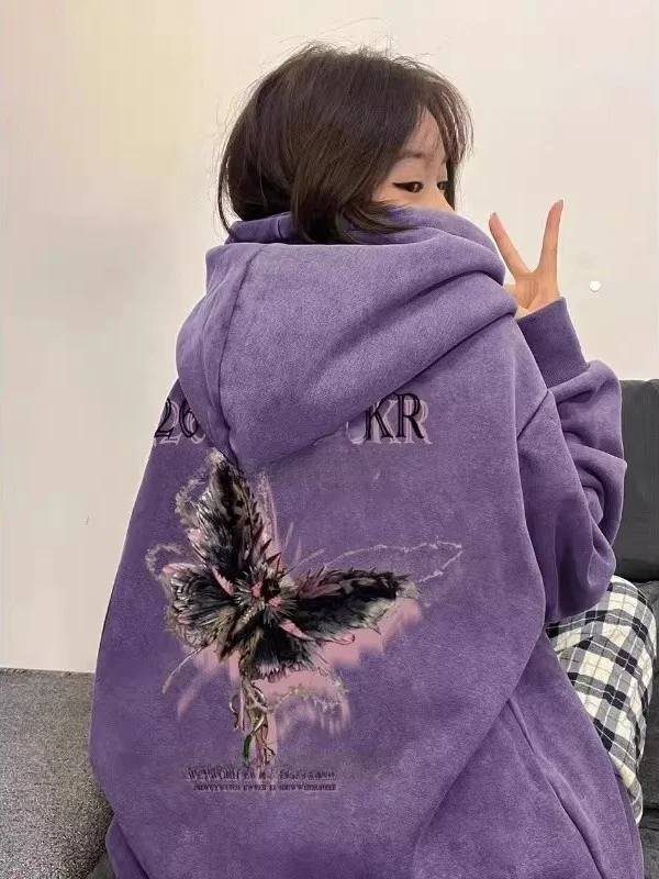

Large Size American High Street Suede Hoodie Sweatshirt Unisex Spring Autumn Print Overhead Jacket Comfortable Wear