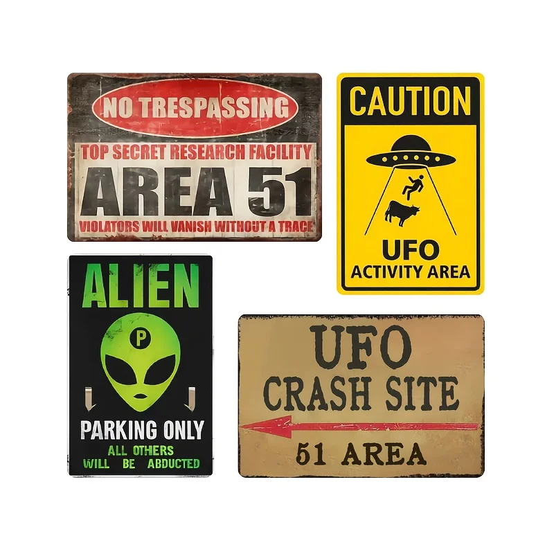 4pcs Vintage Area 51 & UFO Humor Metal Signs Set, No Trespassing Area 51 & UFO Activity Area Wall Decor For Sci-Fi Fans