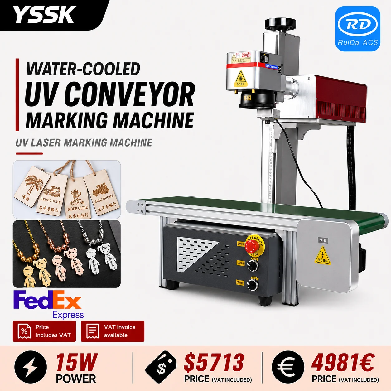 CRS 15W UV Laser Marking Machine – PC/App Control, WiFi Connectivity, RuiDa Vision System, Conveyor Belt, Water Cooling