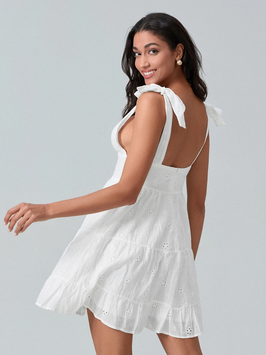 Elegant Sleeveless A-Line Dress with Bow Detailing V-Neckline and Eyelet Hem - Flirty and Chic Cami Dress for Women