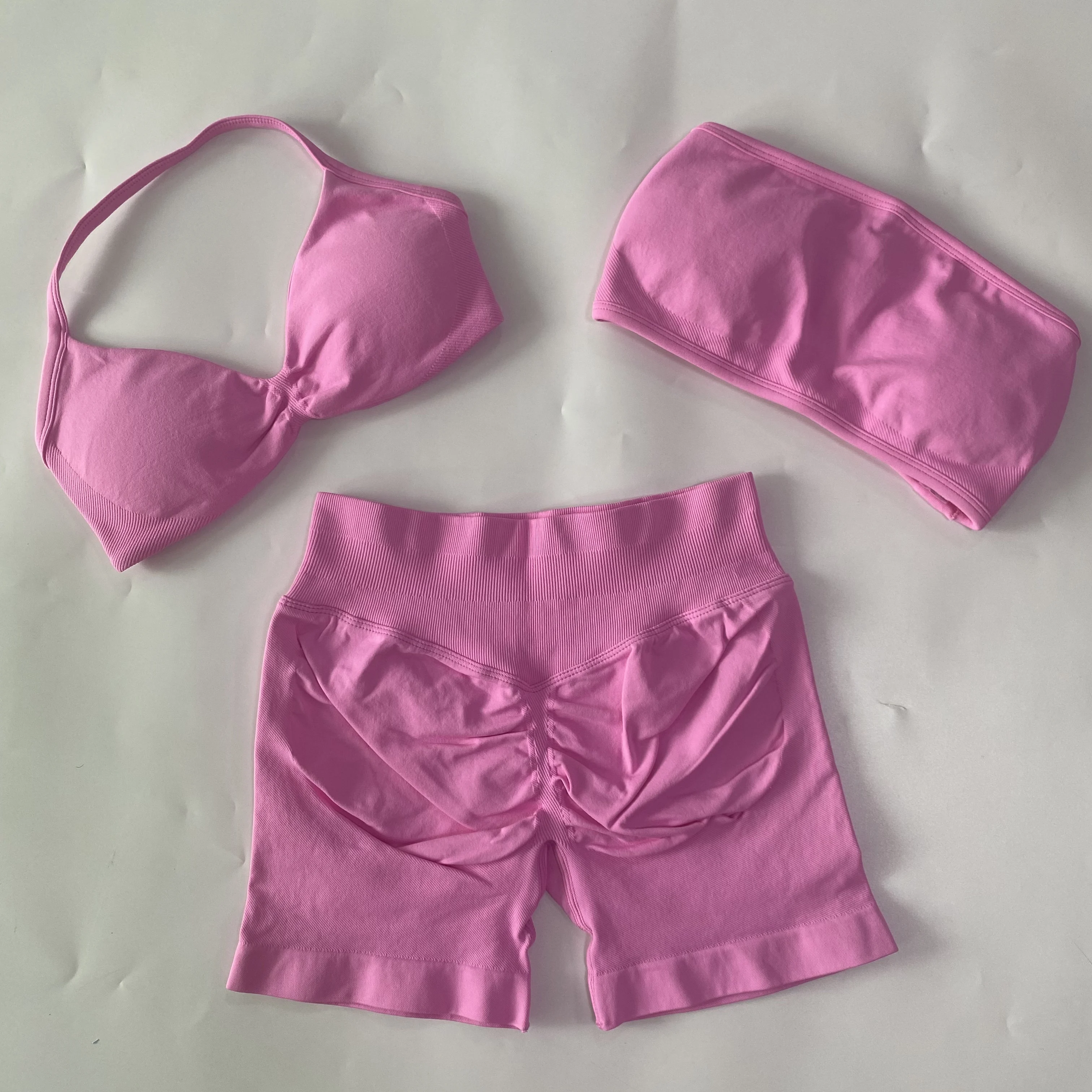 3-teiliges Workout-Set für Damen, rückenfreier Bandeau-Sport-BH mit Trägern, Scrunch-Shorts, Yoga-Kleidung, Sportbekleidung, Outfits, Gym-Set – Detail 13