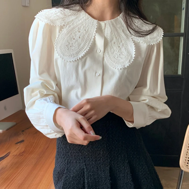 Chic Spring Autumn Women\'s Shirt New Style Ruffle Collar White Loose Design Sweet Youthful Bubble Sleeve Blouse Pure Color Do...