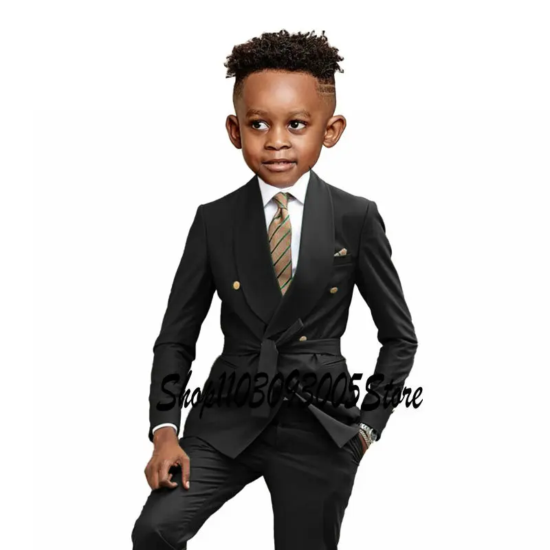 Black Suit For Boys Wedding Tuxedo 2 Piece Double Breasted Blazer Pants Belt Suit Shawl Lapel Formal Jacket 3-16 years old