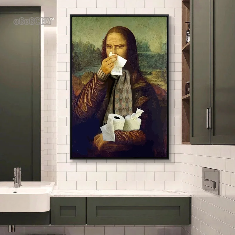 Funny Portrait Bathroom Canvas Posters Mona Lisa Bathroom Meme Funny Toilet Canvas Prints Paintings Unique Home Bathroom Decor
