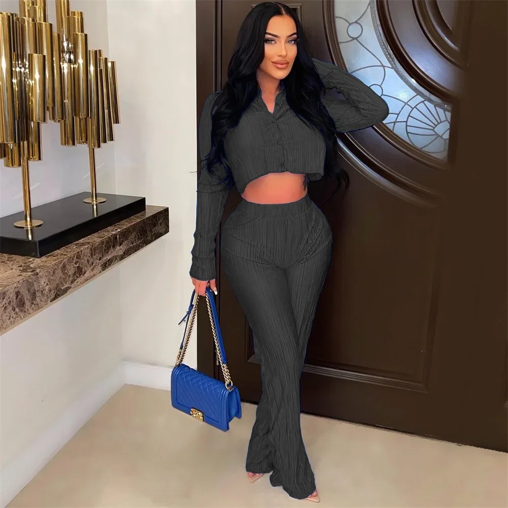 Women Pants Sets Two Pieces Set Single Breasted Blouses Wide Leg Pants Full Length Tracksuit Loose Fit Casual Folds Pockets