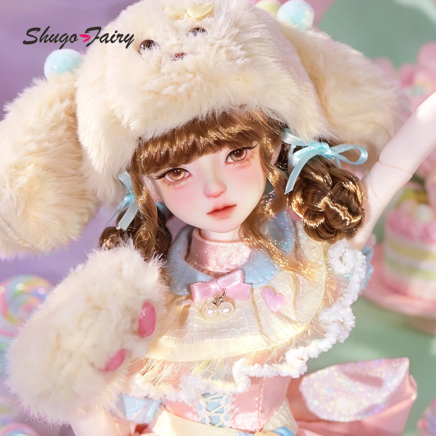 

Кукла BJD ShugaFairy Mochi C 1/4, полный комплект, с милой шапкой с мягкими ушками, включает обувь, пушистую одежду в стиле Лолита, шарнирная кукла
